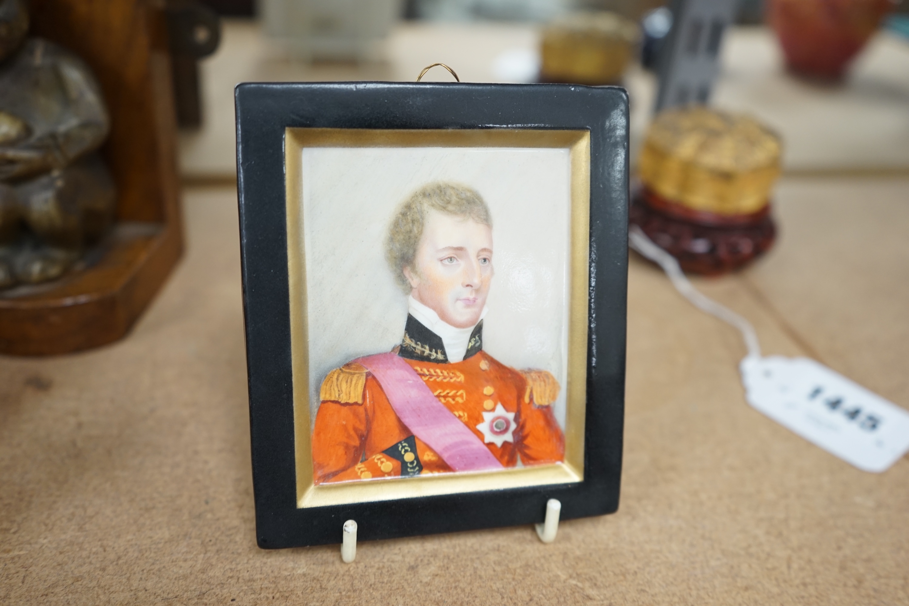 A 19th century hand painted porcelain plaque of Arthur Wellesley, Marquis and 1st Duke of Wellington, unsigned, 11 x 9.5cm. Condition - good